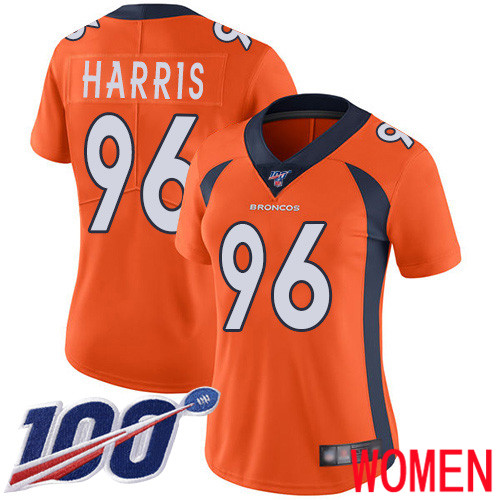 Women Denver Broncos #96 Shelby Harris Orange Team Color Vapor Untouchable Limited Player 100th Season Football NFL Jersey->women nfl jersey->Women Jersey
